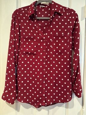 Express Burgundy White Polka Dot Button-Down Shirt